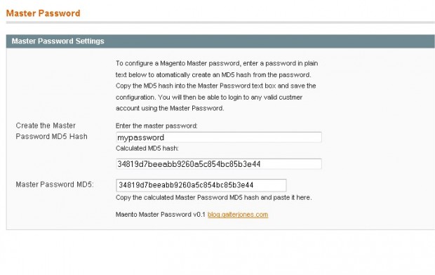 Magento Master Password Free Extension admin configuration