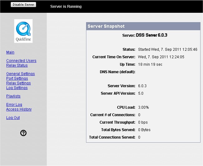 Darwin Server 6.0.3 Main Administrator Screen