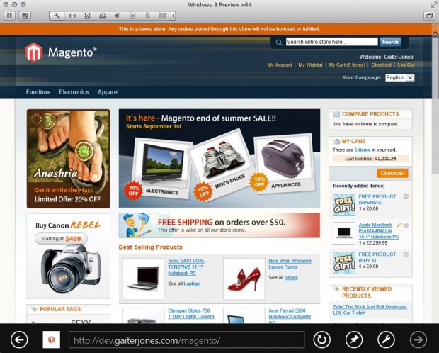 Magento 1.6.2 running in the Windows 8 Internet Explorer 10 Metro App